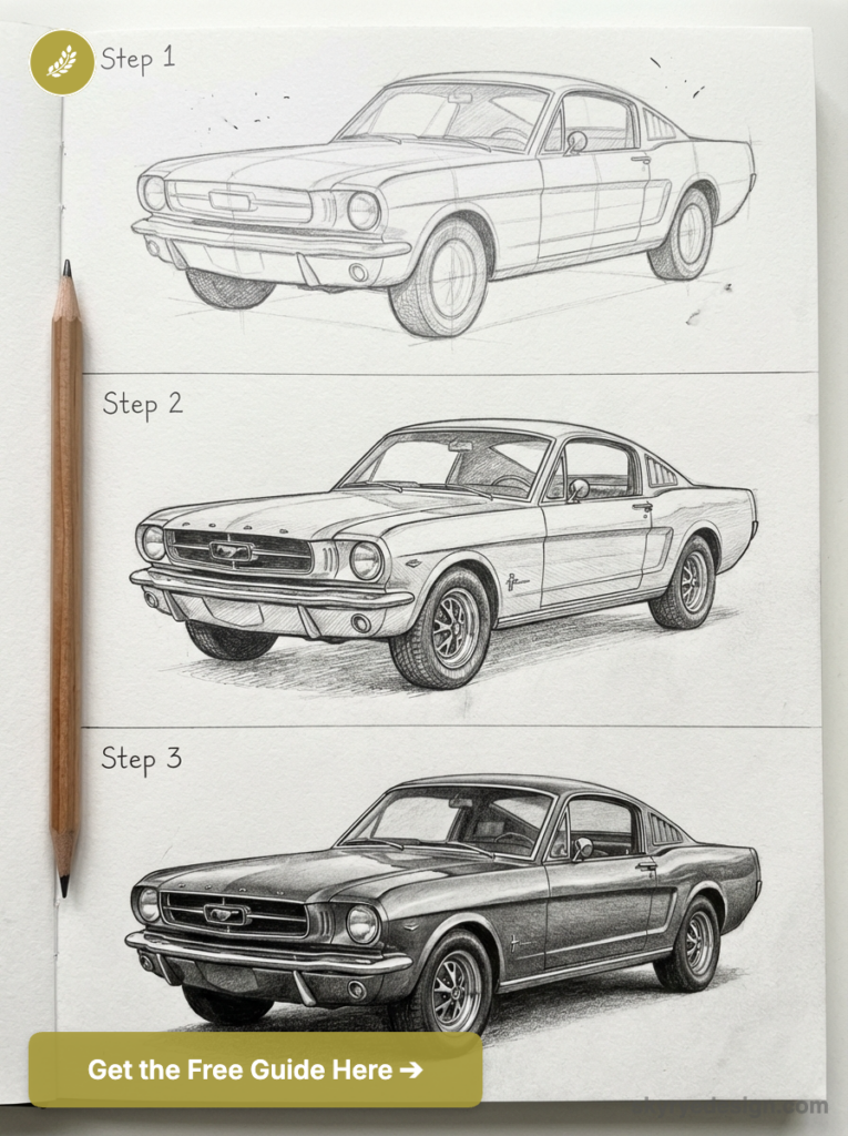Three-step pencil sketch tutorial showing stages of a vintage Ford Mustang drawing with a pencil on paper