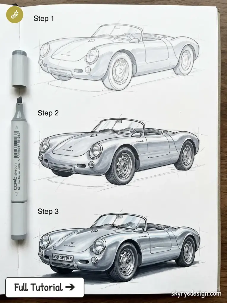Porsche 550 Spyder marker sketch tutorial: three-step convertible drawing in a sketchbook