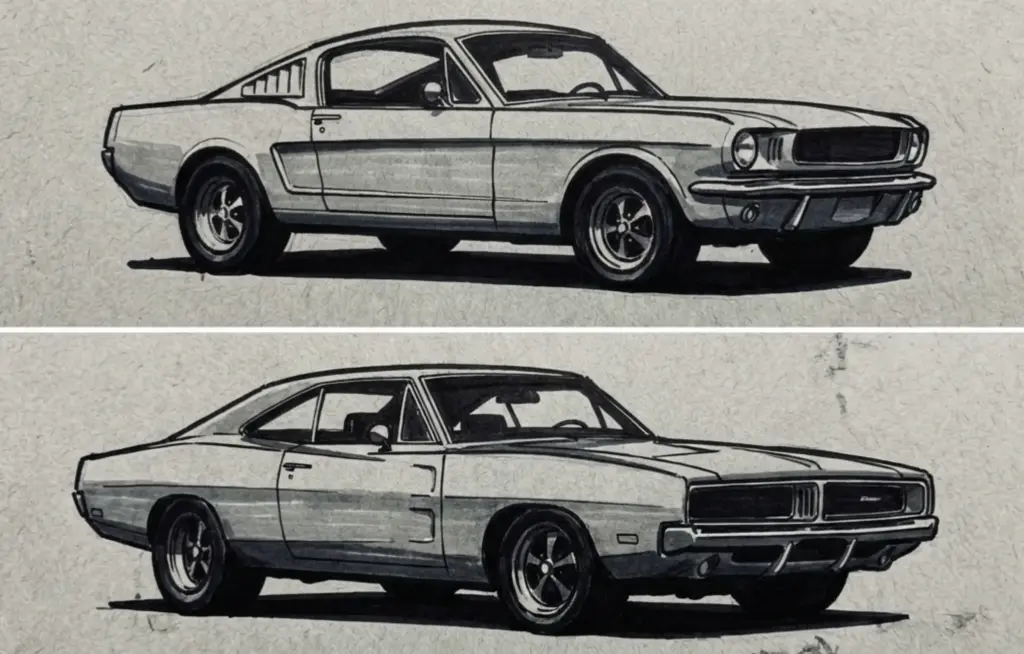 Monochrome sketches of two 1960s American muscle cars in side view — fastback and coupe.