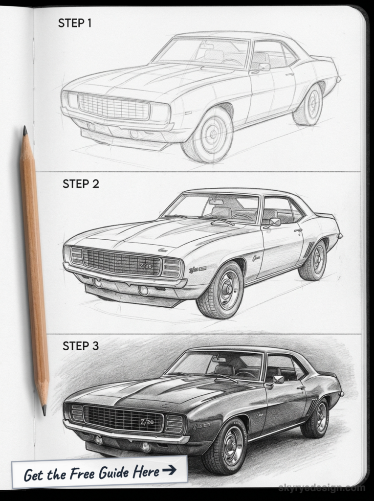 Step-by-step pencil sketch tutorial of a classic muscle car showing progressive shading and a 'Get the Free Guide' callout