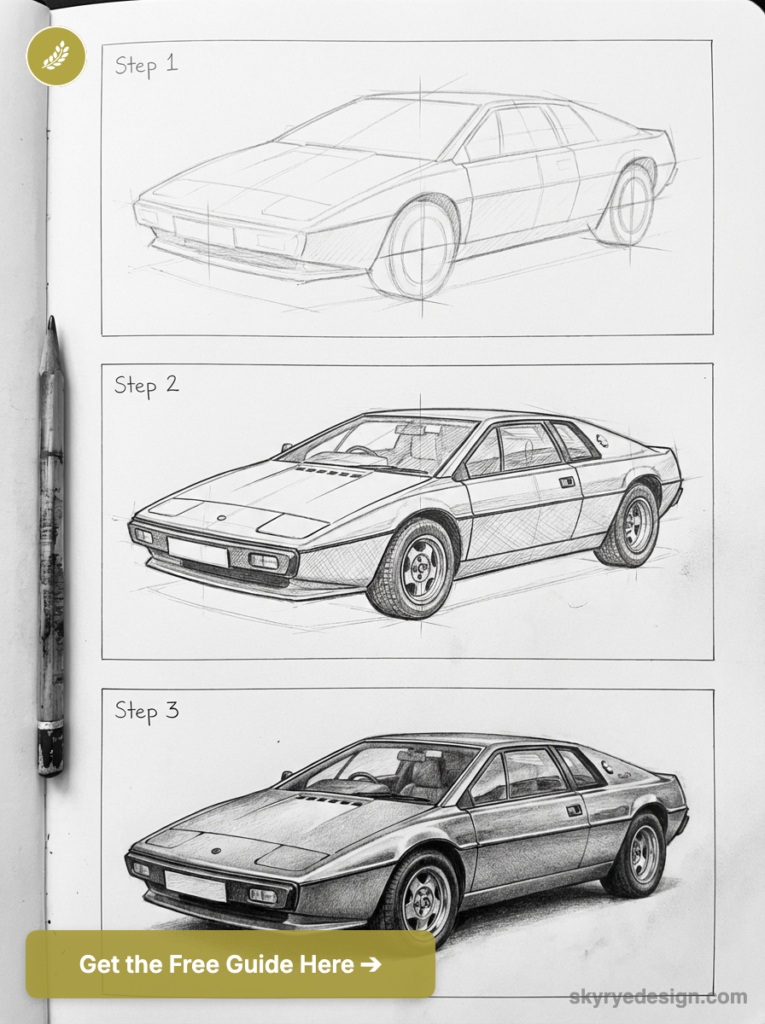Car drawing tutorial: three-step pencil sketch of a sports car in a sketchbook (step 1–3)