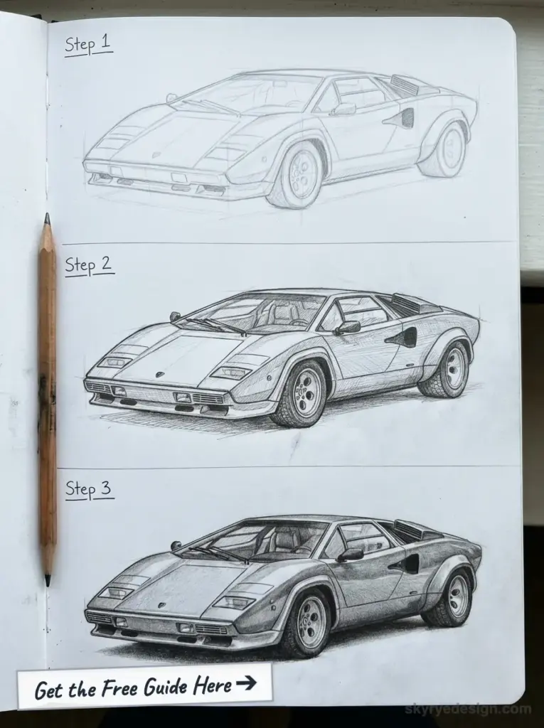 Three-step pencil drawing tutorial of a Lamborghini Countach in a sketchbook with pencil and Get the Free Guide banner.