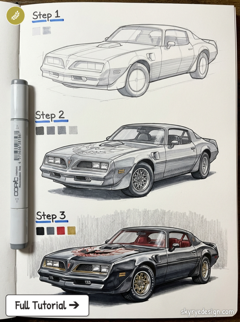 Step-by-step classic Pontiac Trans Am marker illustration tutorial in sketchbook with Copic marker and color swatches