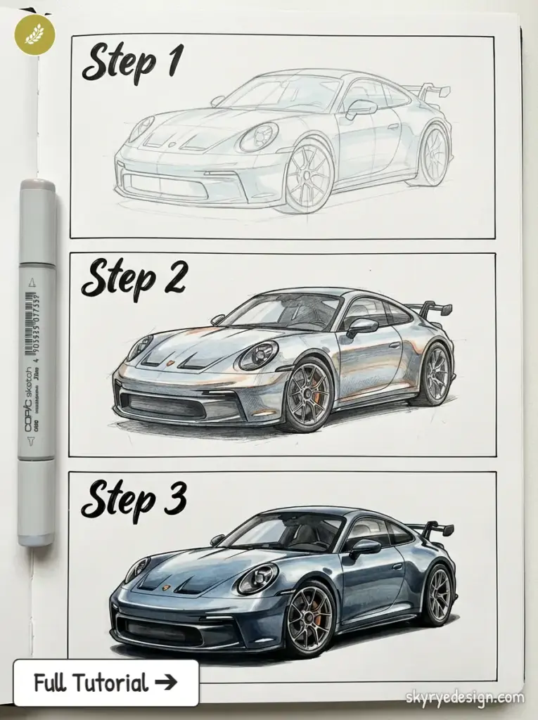 Sports car drawing tutorial, steps 1-3: pencil sketch to shaded and full-color rendered car illustration with marker