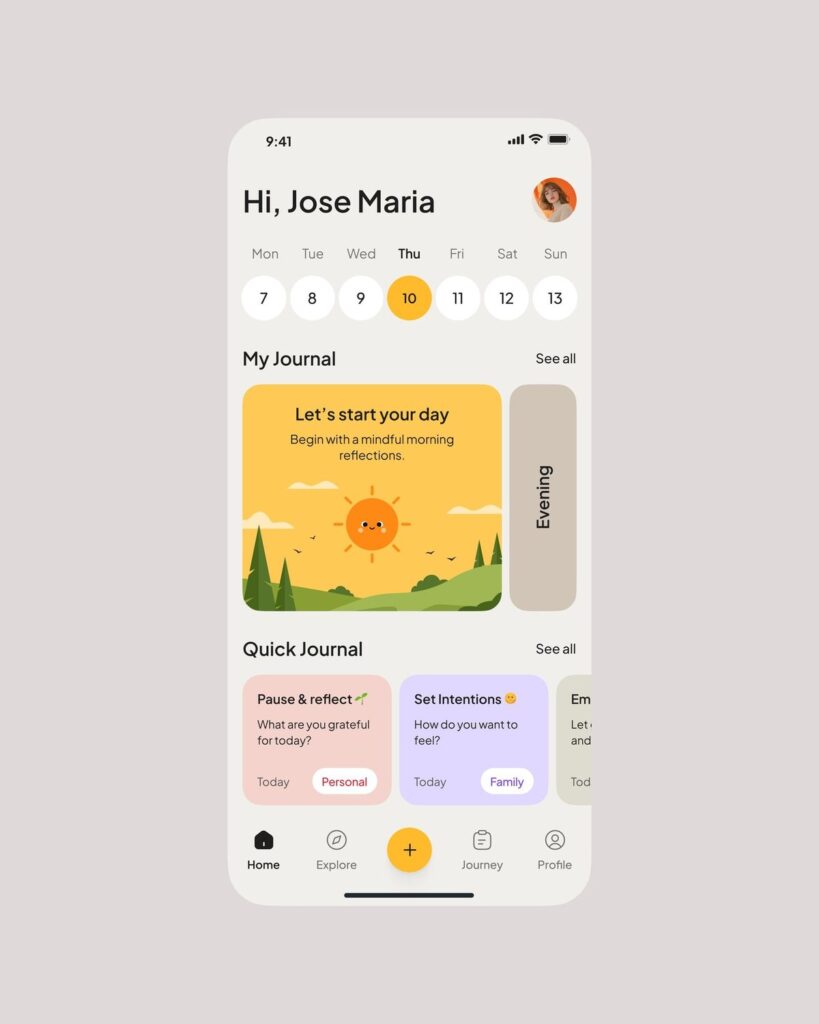 Mindfulness journal app UI home screen with weekly date picker, morning sun prompt, quick journaling cards and bottom nav