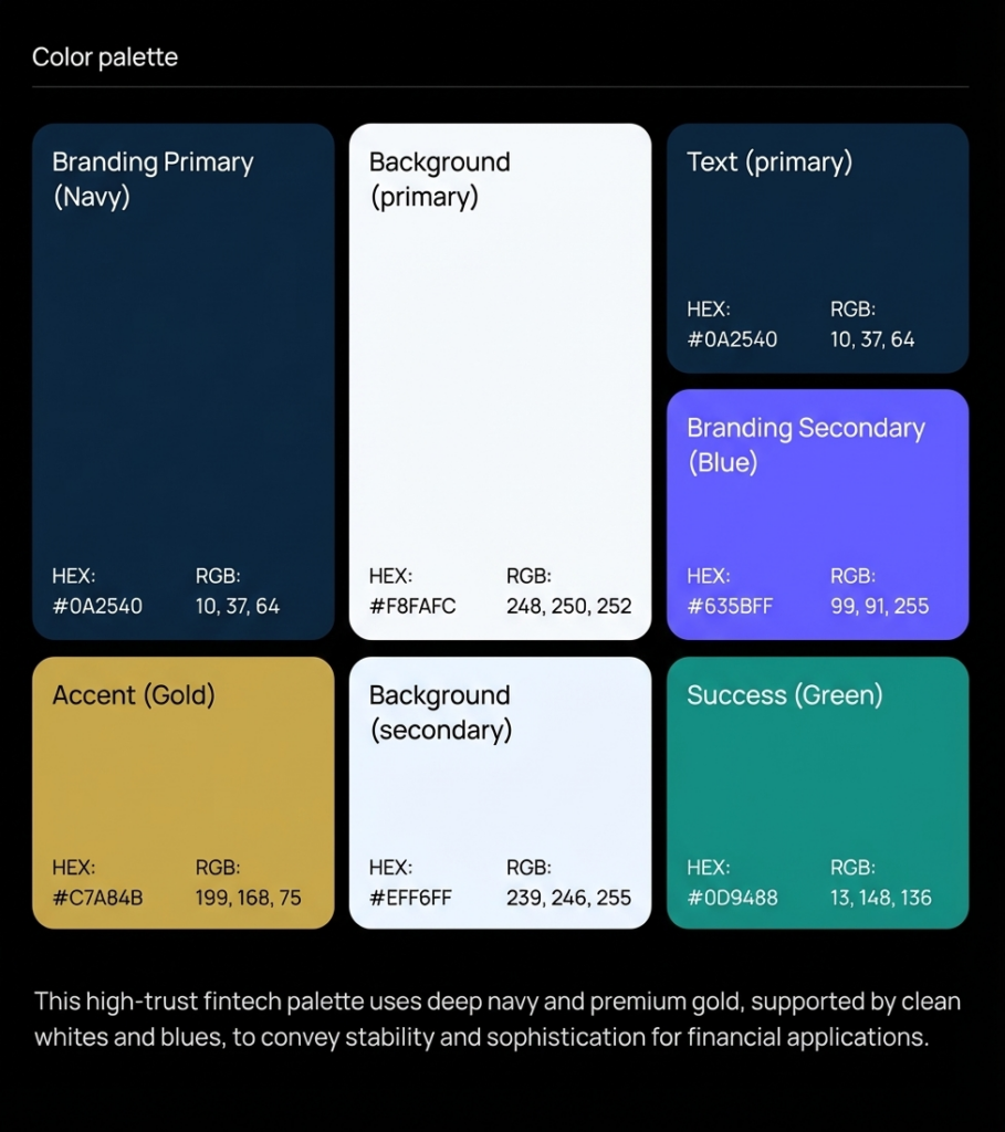 Fintech branding color palette: deep navy #0A2540, white #F8FAFC, blue #635BFF, gold #C7A84B, green #0D9488