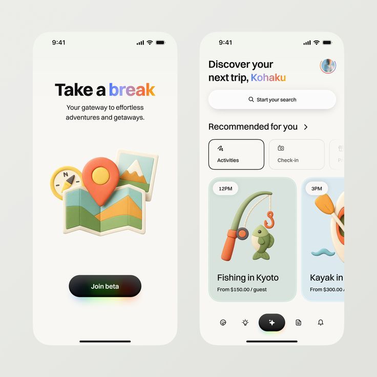 Mobile travel app UI showing Take a break hero with map pin icon and activity recommendations like fishing and kayaking.