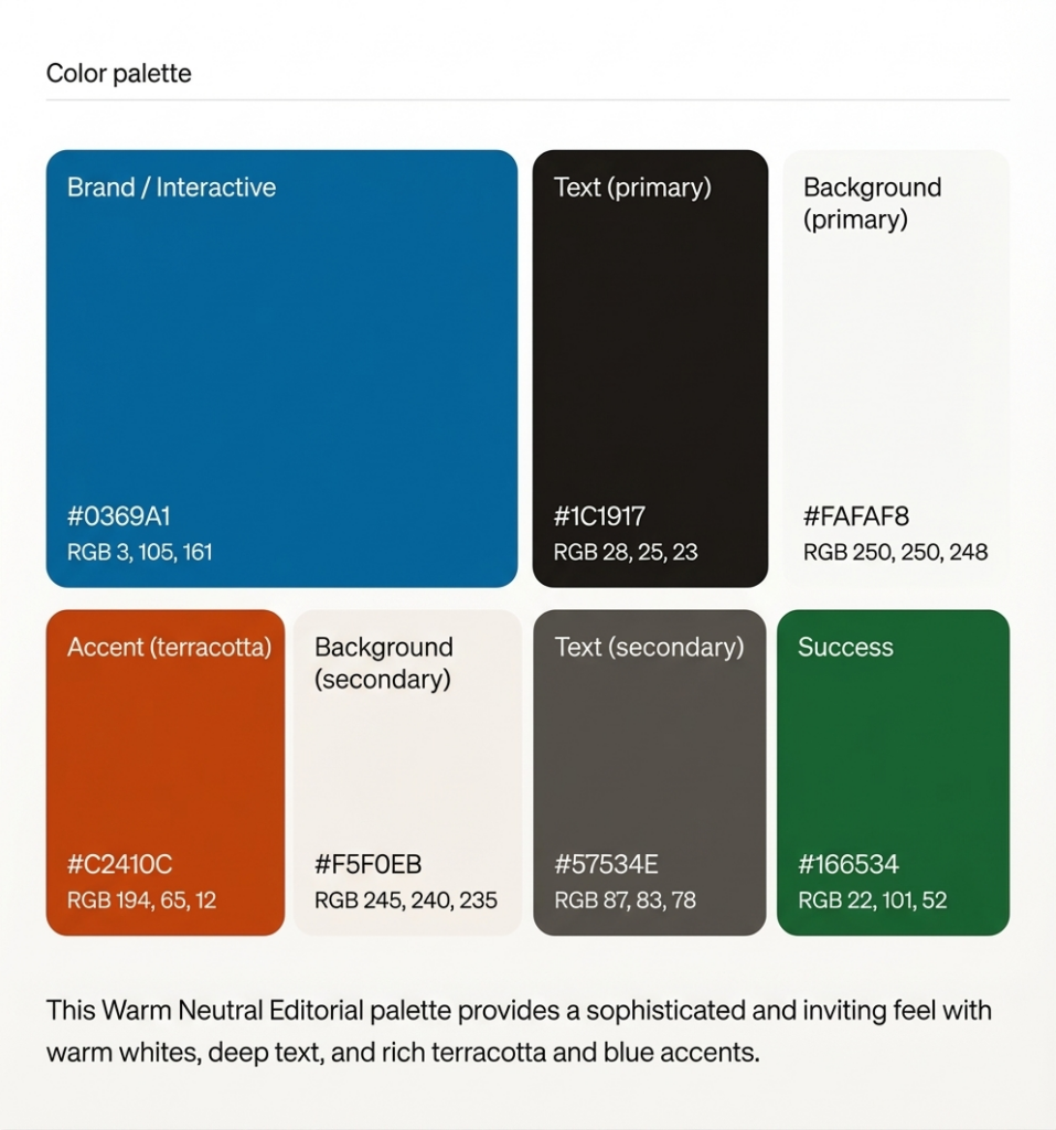Warm neutral editorial color palette with hexes #0369A1, #C2410C, #FAFAF8, #166534