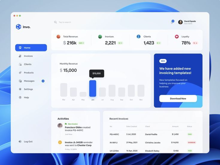 Invoicing dashboard UI showing revenue metrics, monthly k bar chart, invoices, clients, activities and download CTA.