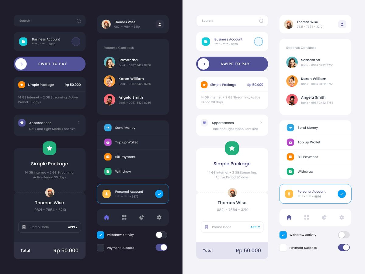 Mobile banking app UI mockups, dark and light themes, payment dashboard with swipe-to-pay control, accounts and contacts.