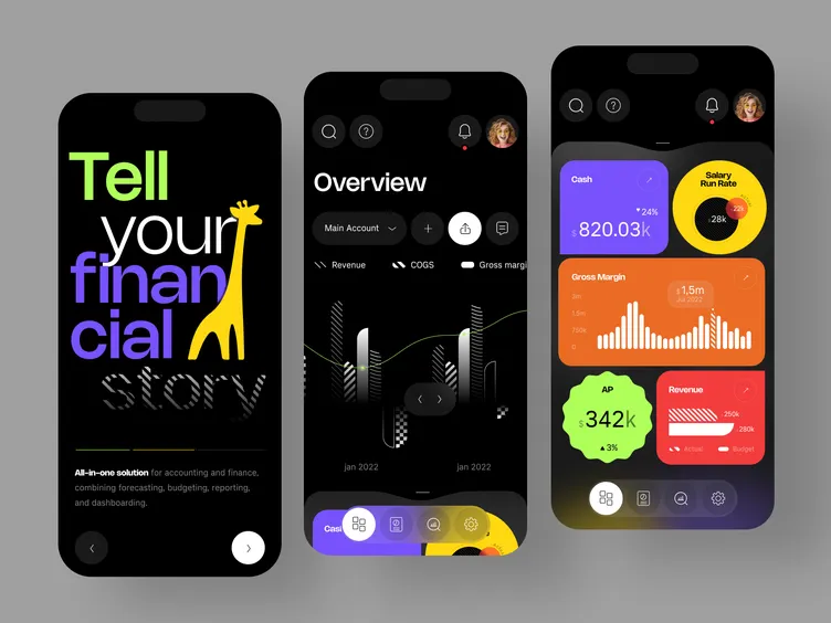 Mobile finance app dashboard in dark UI with onboarding screen, charts, KPIs, cash and revenue metrics