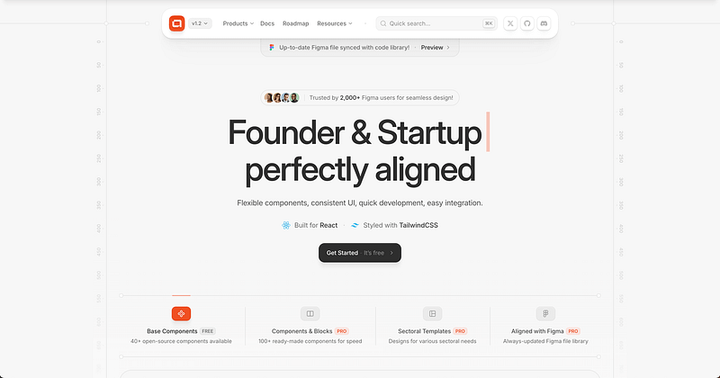 Landing page hero screenshot: Founder & Startup perfectly aligned, React & TailwindCSS badges, Get Started