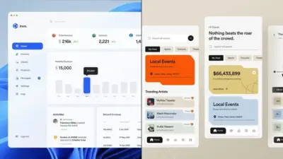 Sleek UI mockups: desktop invoicing analytics dashboard with revenue graph and mobile app cards for local events and artists.