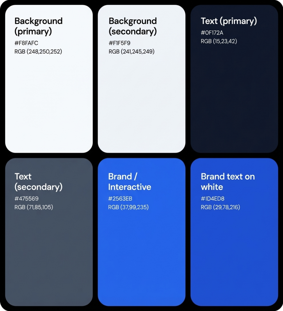 UI color palette tiles showing six cards with hex and RGB values for backgrounds, text, and brand blues (e.g., #F8FAFC, #2563EB).