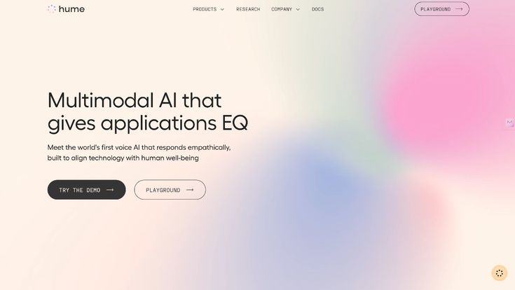Hume homepage hero: 'Multimodal AI that gives applications EQ' on pastel gradient with demo and playground buttons