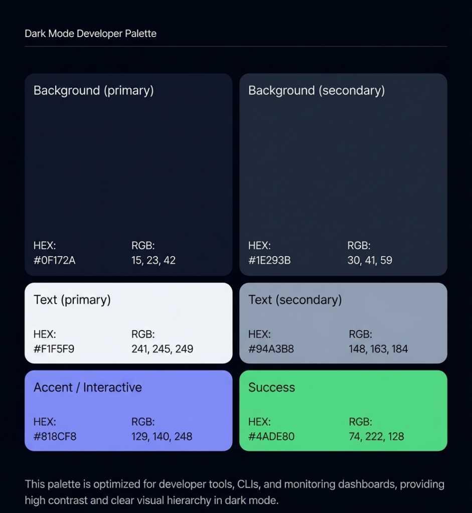 Dark-mode developer palette: 6 color swatches with HEX and RGB values for background, text, accent, and success.