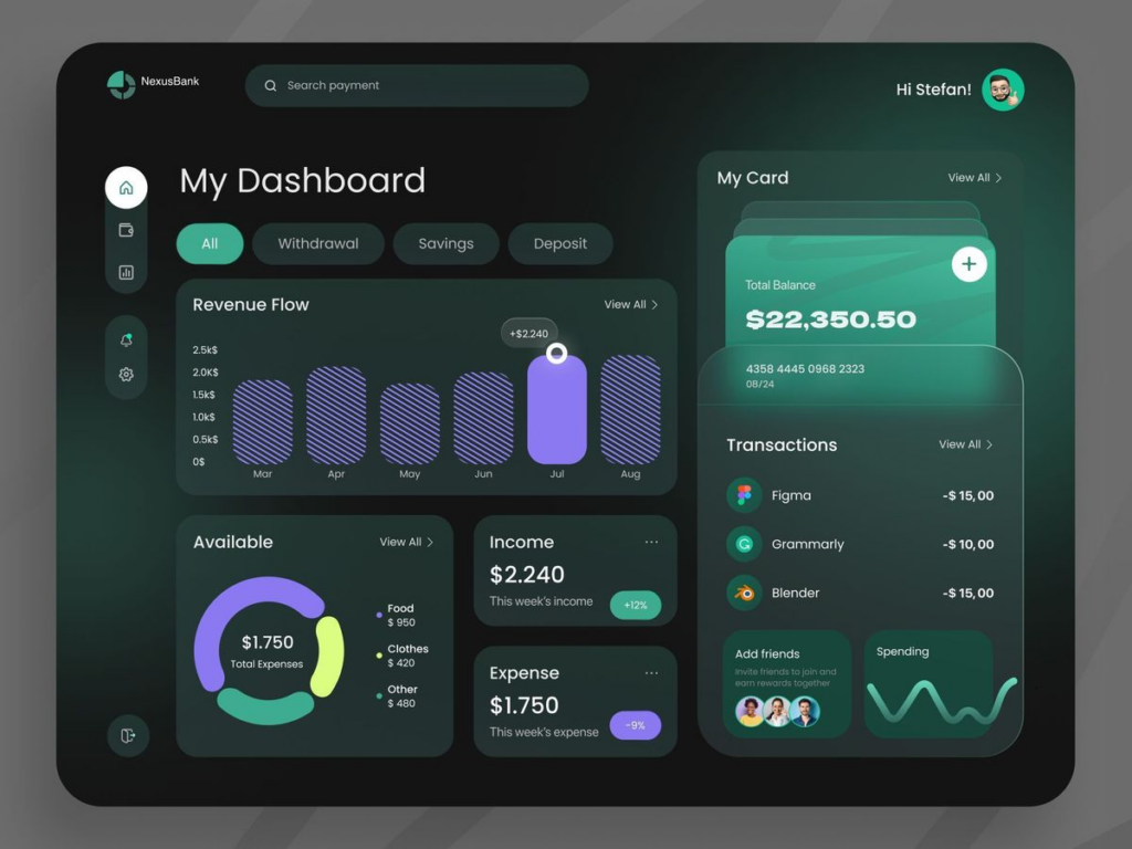 Dark NexusBank dashboard showing balance ,350.50, revenue bar chart, expense donut and recent transactions