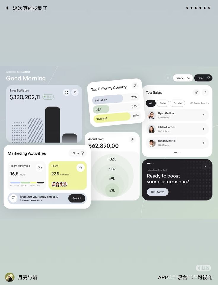 Green analytics dashboard mockup: sales stats, top countries, top sellers, marketing activities, and annual profit.