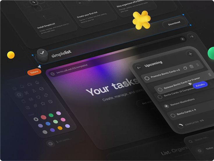 Dark-mode task manager UI mockup with upcoming tasks panel, colorful palette, and gradient hero reading 'Your tasks'.