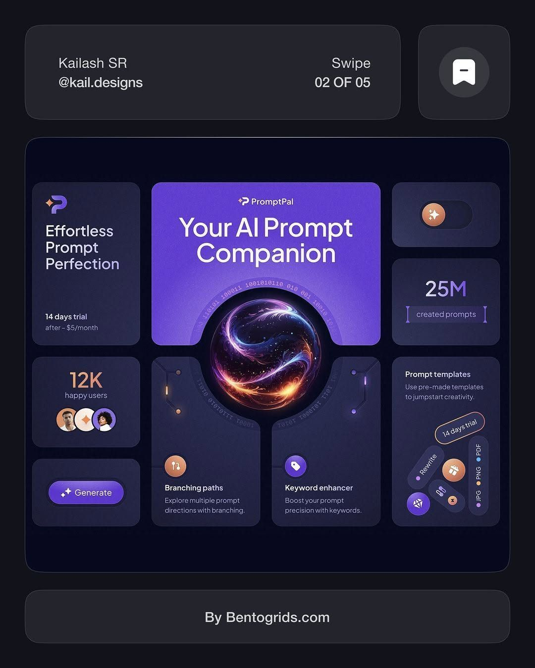PromptPal UI: AI prompt companion — purple dashboard: 25M prompts, 12K users, Generate button, templates, 14-day trial
