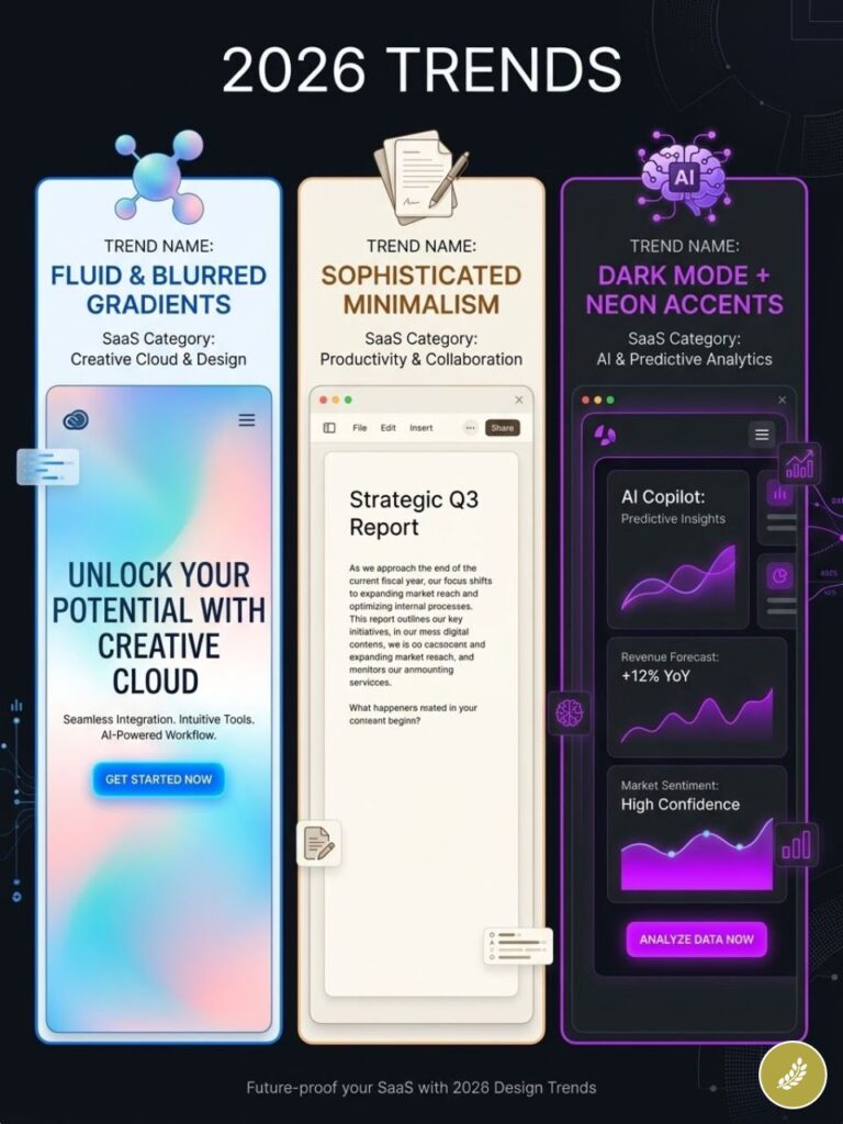 2026 SaaS design trends infographic: fluid blurred gradients, sophisticated minimalism, dark mode with neon accents