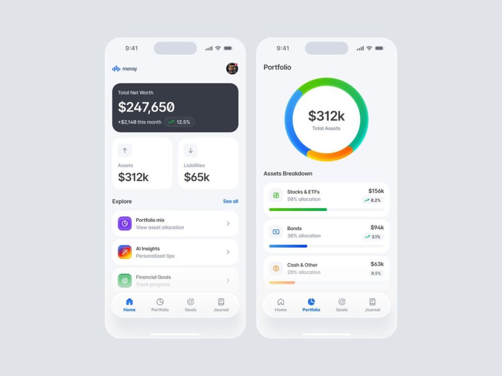 Personal finance app dashboard: net worth, assets and liabilities with portfolio donut chart showing asset allocation.