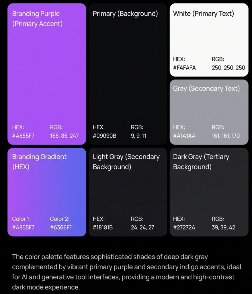 Dark mode color palette with branding purple, gradient, black backgrounds, gray/white text swatches and HEX/RGB color codes.
