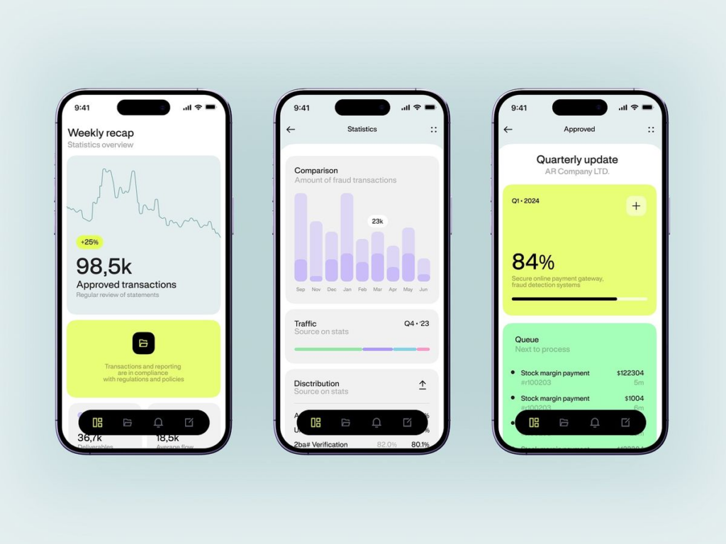 Three iPhone screens displaying a finance dashboard: weekly recap, transaction statistics, and quarterly update.