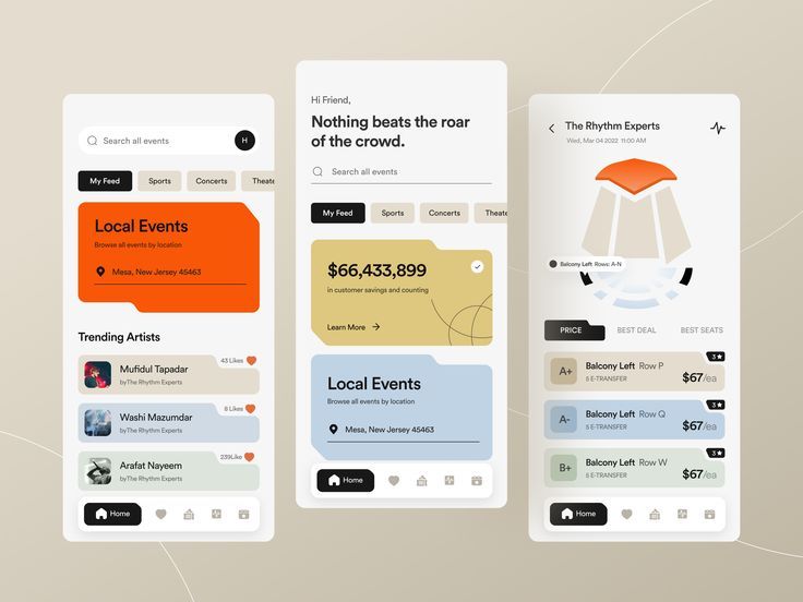 Three phone mockups of an events ticketing app UI: local events, trending artists, savings widget, seating and prices.