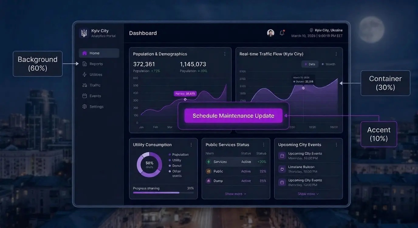 Dark city analytics dashboard UI with population and real-time traffic charts, utility use and 'Schedule Maintenance' alert