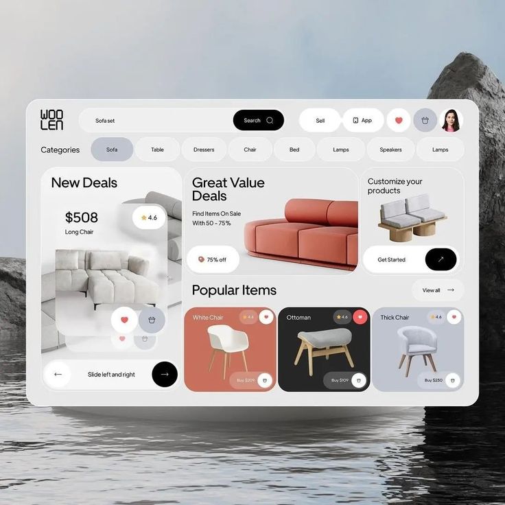 Modern furniture e-commerce UI showcasing red sofa on sale, new deals, categories and popular chair product cards