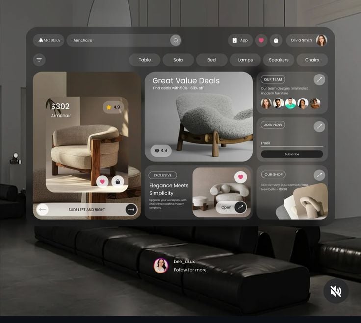 Modern furniture shopping UI overlay showing armchair product cards with 2 price, ratings, deals and navigation menu.