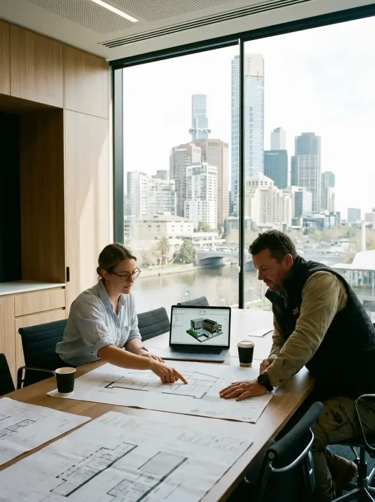 Architects reviewing building blueprints and 3D model on laptop in modern office with city skyline view