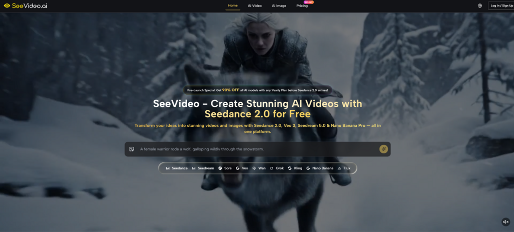 SeeVideo.ai hero: female warrior riding a wolf through a snowy forest promoting Seedance 2.0 AI video creation