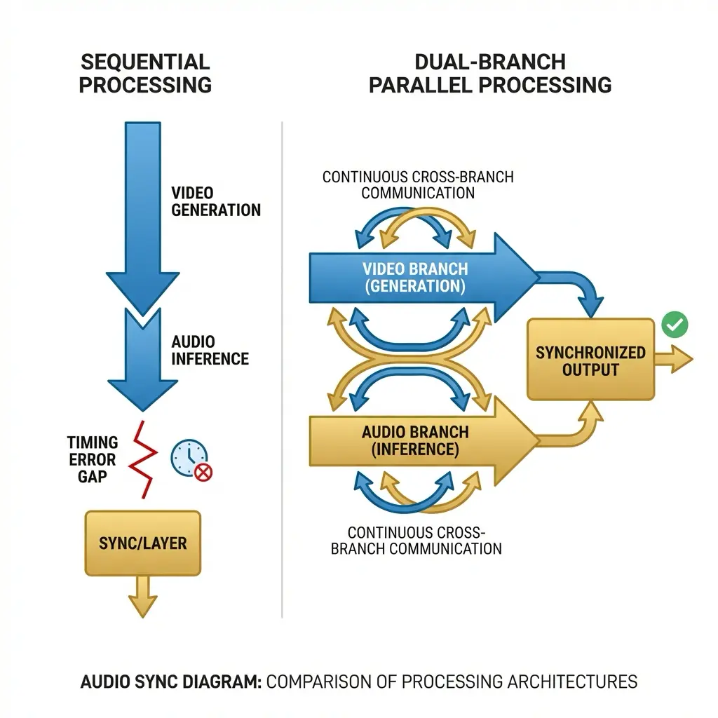 Audio sync diagram comparing sequential processing vs dual-branch parallel processing for synchronized AV output