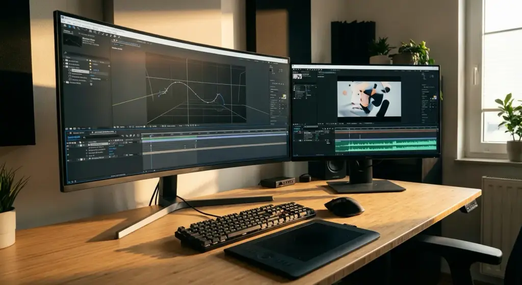 Modern video-editing workstation with dual monitors, keyboard, graphics tablet and mouse on wooden desk in sunlit home office