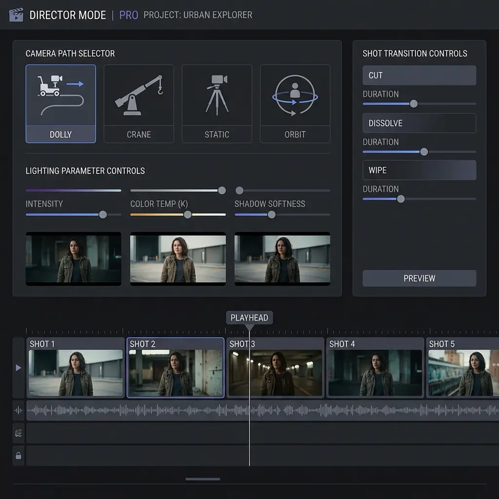 Director Mode video editor UI showing camera path selector, lighting and transition controls and shot timeline thumbnails.