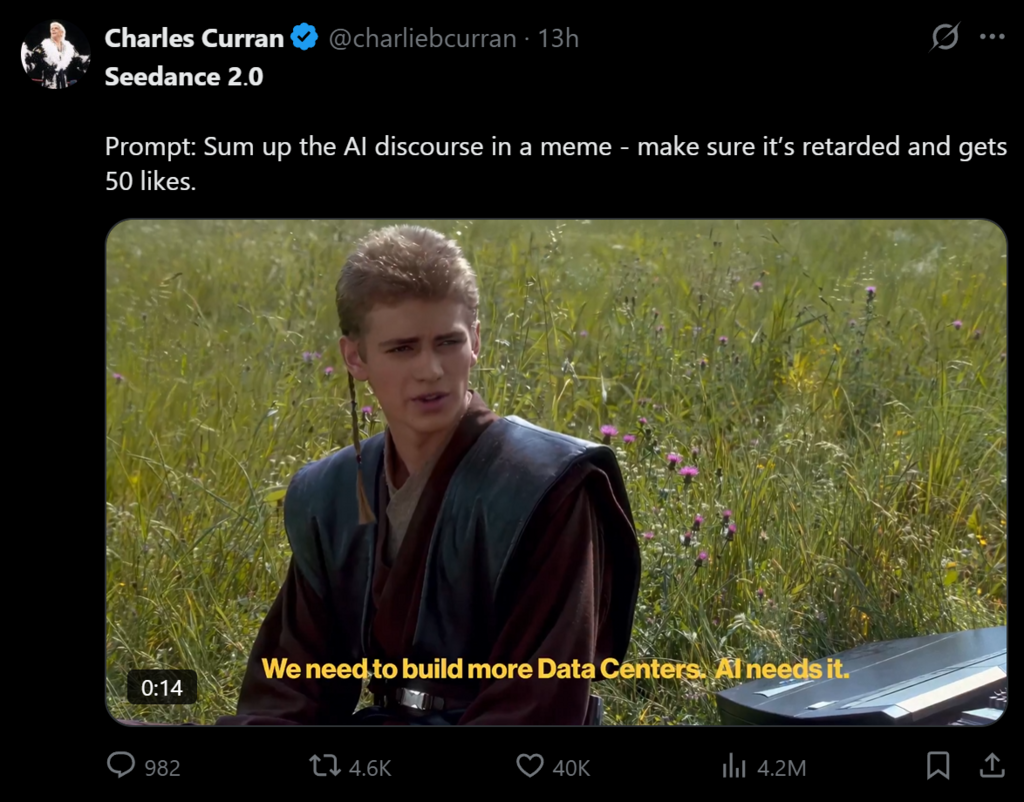 Tweet screenshot AI meme: movie character in meadow with yellow caption We need to build more Data Centers. AI needs it.