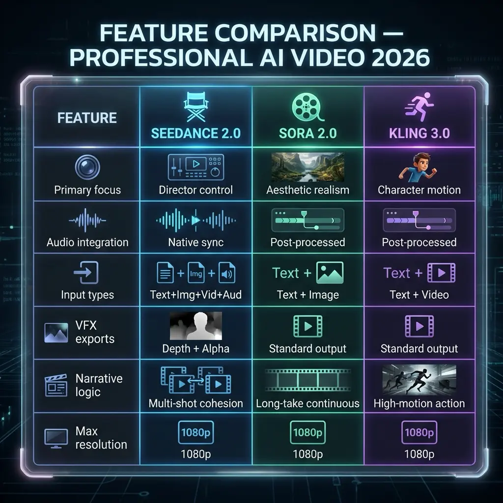 AI video feature comparison 2026: Seedance 2.0 vs Sora 2.0 vs Kling 3.0 — focus, audio, inputs, VFX, narrative, 1080p.