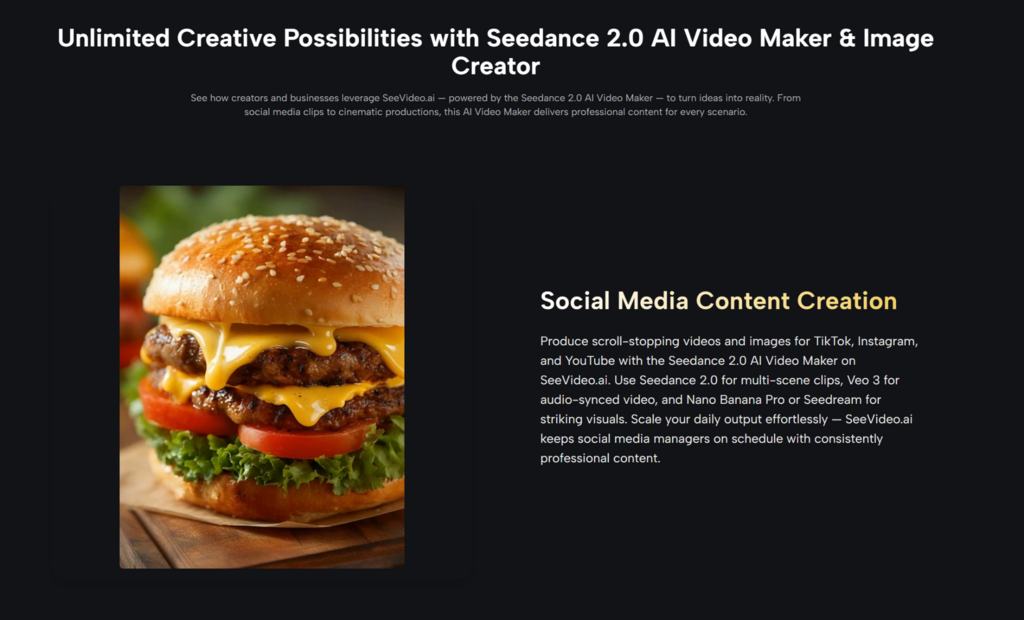 Close-up double cheeseburger with melted cheese, lettuce and tomato on sesame bun on a webpage about social media content.