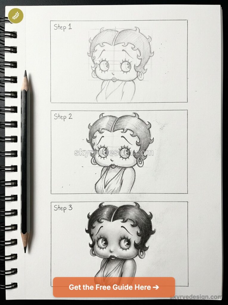 Sketchbook showing three-step pencil tutorial of a Betty Boop-style character portrait with pencil at side and CTA overlay