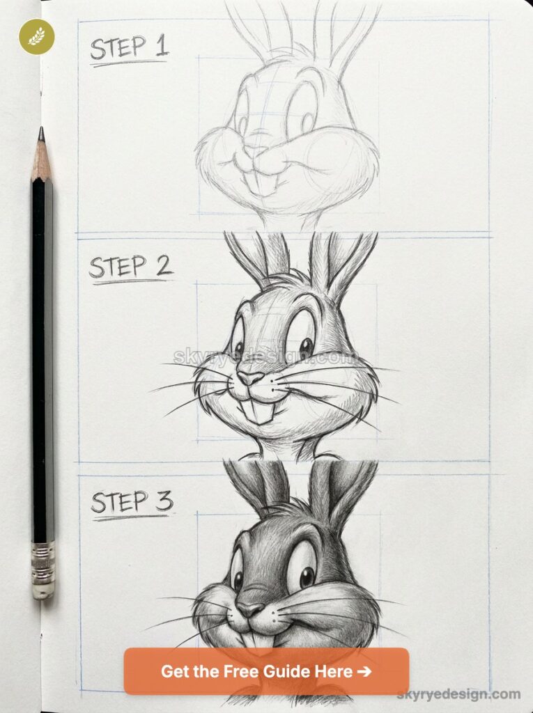 Three-step pencil drawing tutorial of a cartoon rabbit head showing sketch, refined lines, and final shaded version