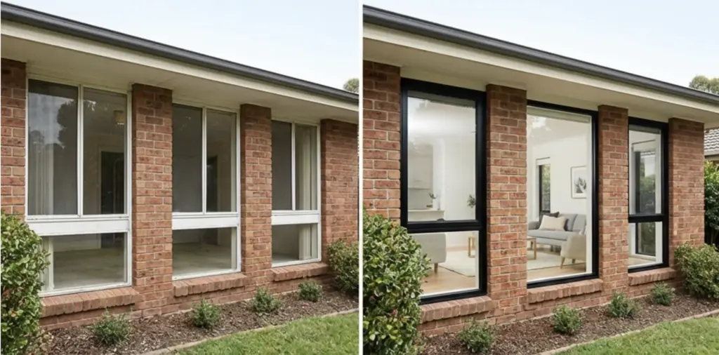 Screenshot 2026-04-07 at 172513 Before-and-after window replacement on brick home: outdated white frames swapped for sleek black-framed modern windows | Sky Rye Design Before-and-after window replacement on brick home: outdated white frames swapped for sleek black-framed modern windows
