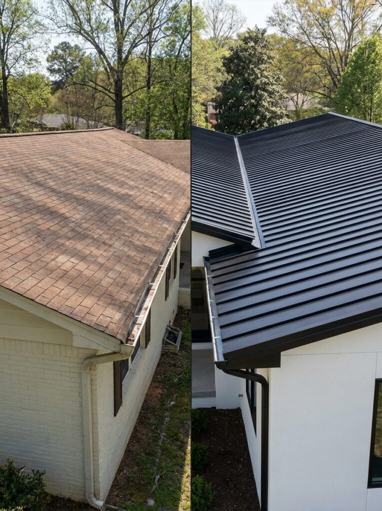 57dce5e7-04b6-489d-b79c-e301a28a6e93 Roof replacement before-and-after: worn brown asphalt shingles converted to sleek black standing-seam metal roof | Sky Rye Design Roof replacement before-and-after: worn brown asphalt shingles converted to sleek black standing-seam metal roof
