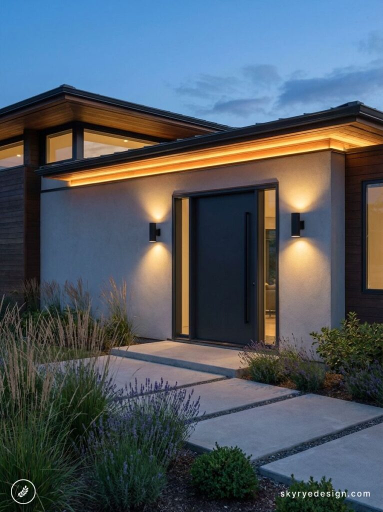 architecture-floor-plan 19 Modern home front entrance at dusk with sleek black door, warm LED wall lights and concrete paver walkway amid grasses | Sky Rye Design Modern home front entrance at dusk with sleek black door, warm LED wall lights and concrete paver walkway amid grasses