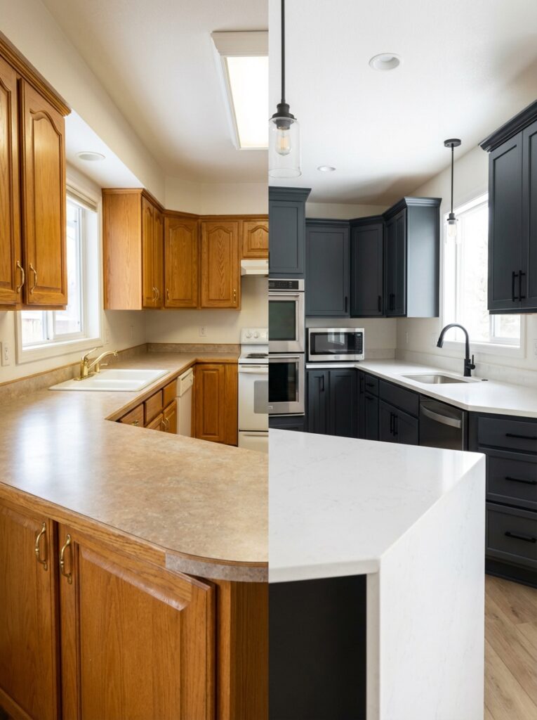 ad1e514d-2997-466e-8438-6d0ae2c7e1b6 Split before-and-after kitchen: oak cabinets and laminate counters updated to dark cabinetry and white quartz island | Sky Rye Design Split before-and-after kitchen: oak cabinets and laminate counters updated to dark cabinetry and white quartz island