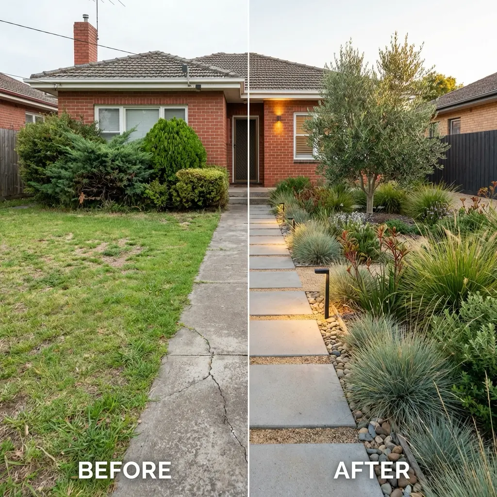 e1ac9fa7-de27-495f-ae45-6a7ec577fac7 Before-and-after front yard makeover: cracked lawn transformed into modern paver path, gravel, drought-tolerant plants | Sky Rye Design Before-and-after front yard makeover: cracked lawn transformed into modern paver path, gravel, drought-tolerant plants