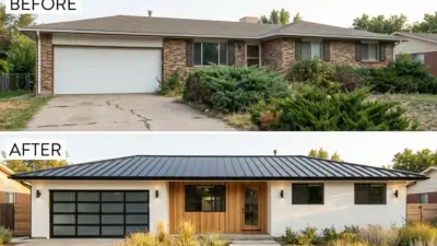 Before-and-after exterior remodel: brick ranch converted to modern white home with black metal roof, wood entry, glass garage.
