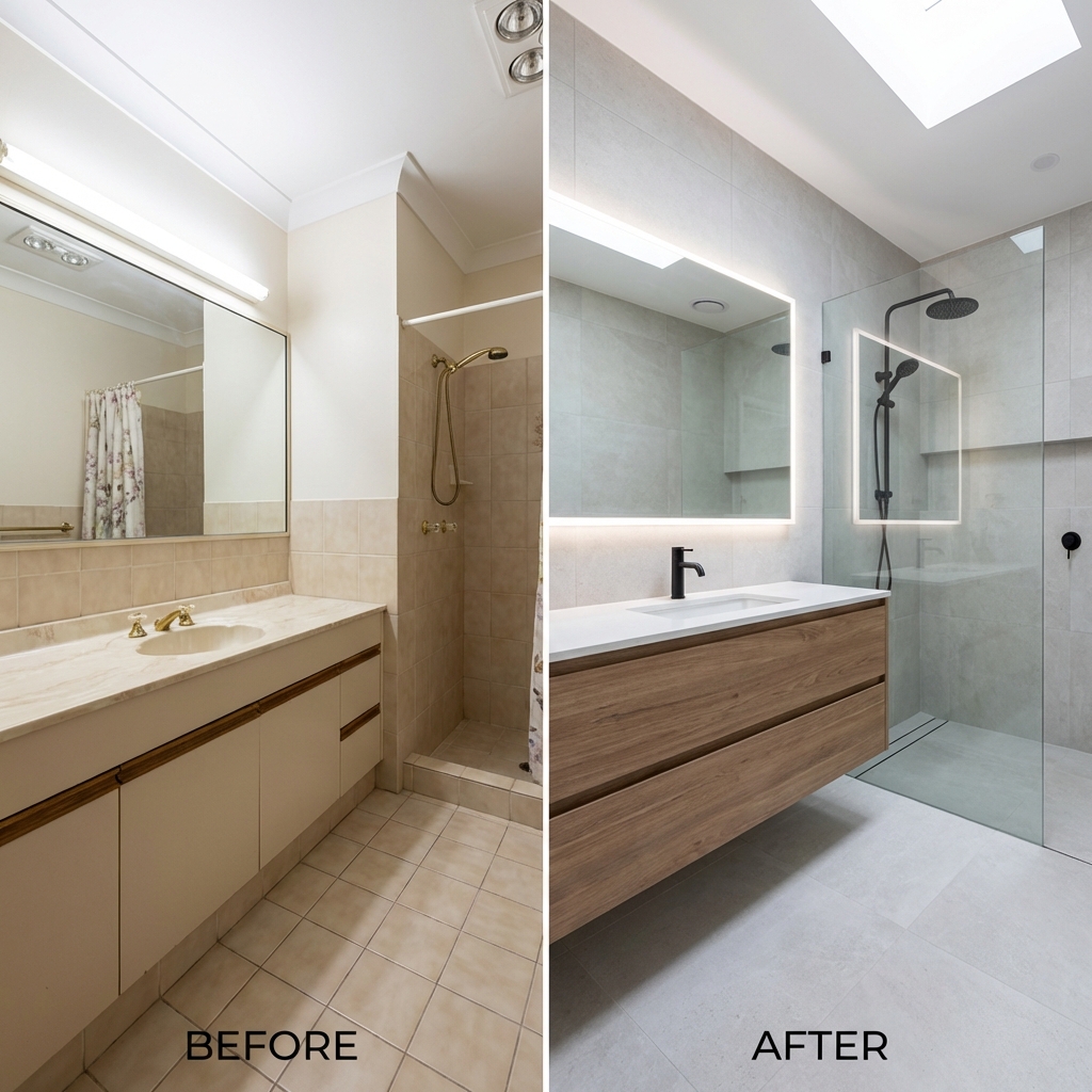 cbe009a1-80c9-4d13-a1b3-41dd299407d4 Bathroom renovation before and after: outdated beige stall replaced by modern gray tiles, floating wood vanity, glass shower. | Sky Rye Design Bathroom renovation before and after: outdated beige stall replaced by modern gray tiles, floating wood vanity, glass shower.