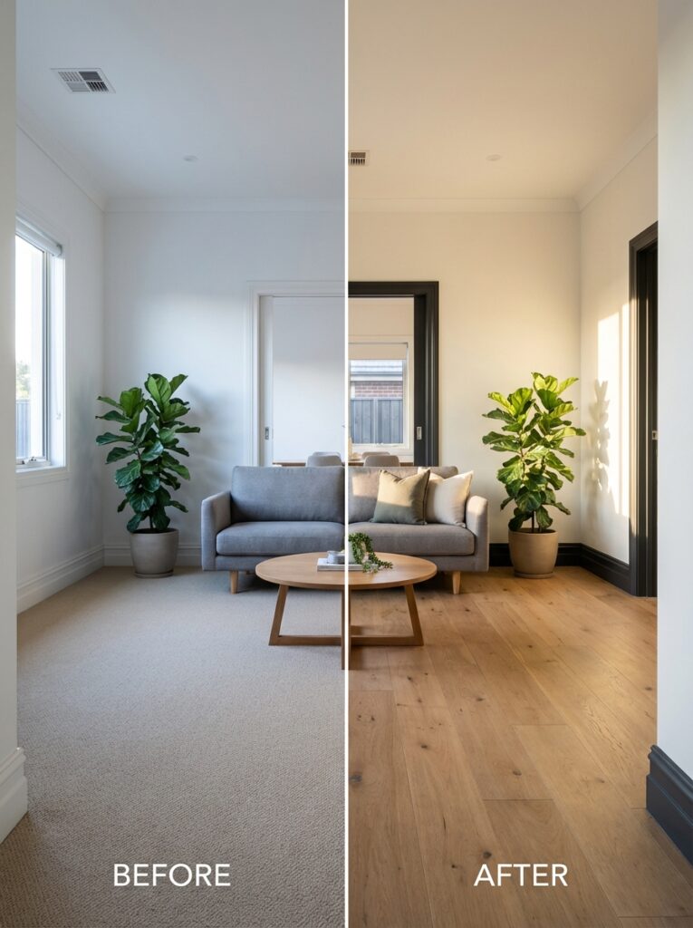 82a32736-1ae1-4a78-880b-efd230539627 Before-and-after living room: carpet replaced with oak hardwood flooring, gray sofa, round coffee table, plants. | Sky Rye Design Before-and-after living room: carpet replaced with oak hardwood flooring, gray sofa, round coffee table, plants.